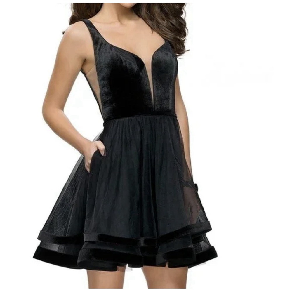 La Femme Black Velvet And Puff Tulle Mini Cocktail Dress size‎ 4 Prom Hoco